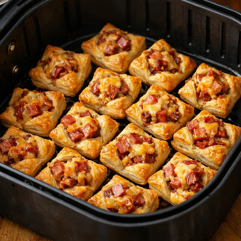 Air Fryer Holiday Glazed Ham and Cheese Puff Pastry Bites cooking in the air fryer