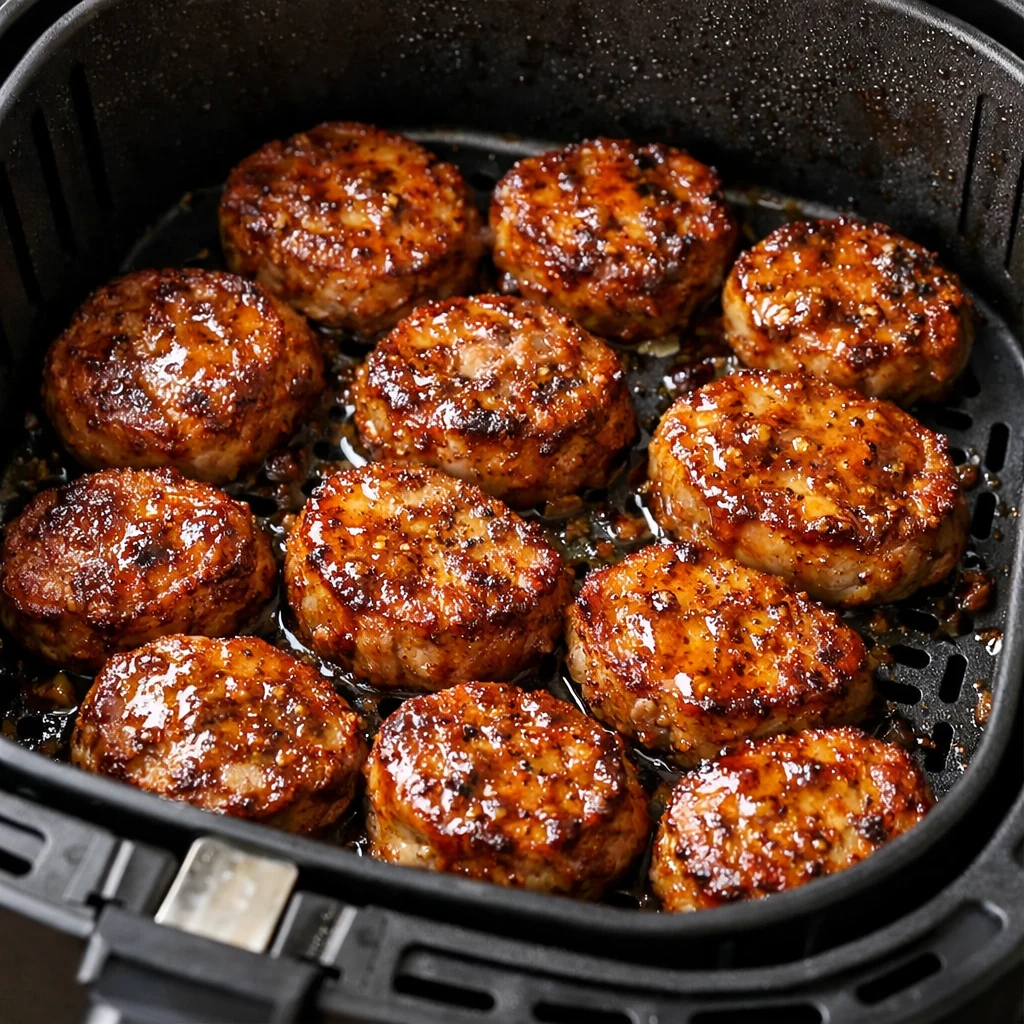 Air Fryer Low-Carb Maple Mustard Glazed Pork Tenderloin Medallions cooking in the air fryer