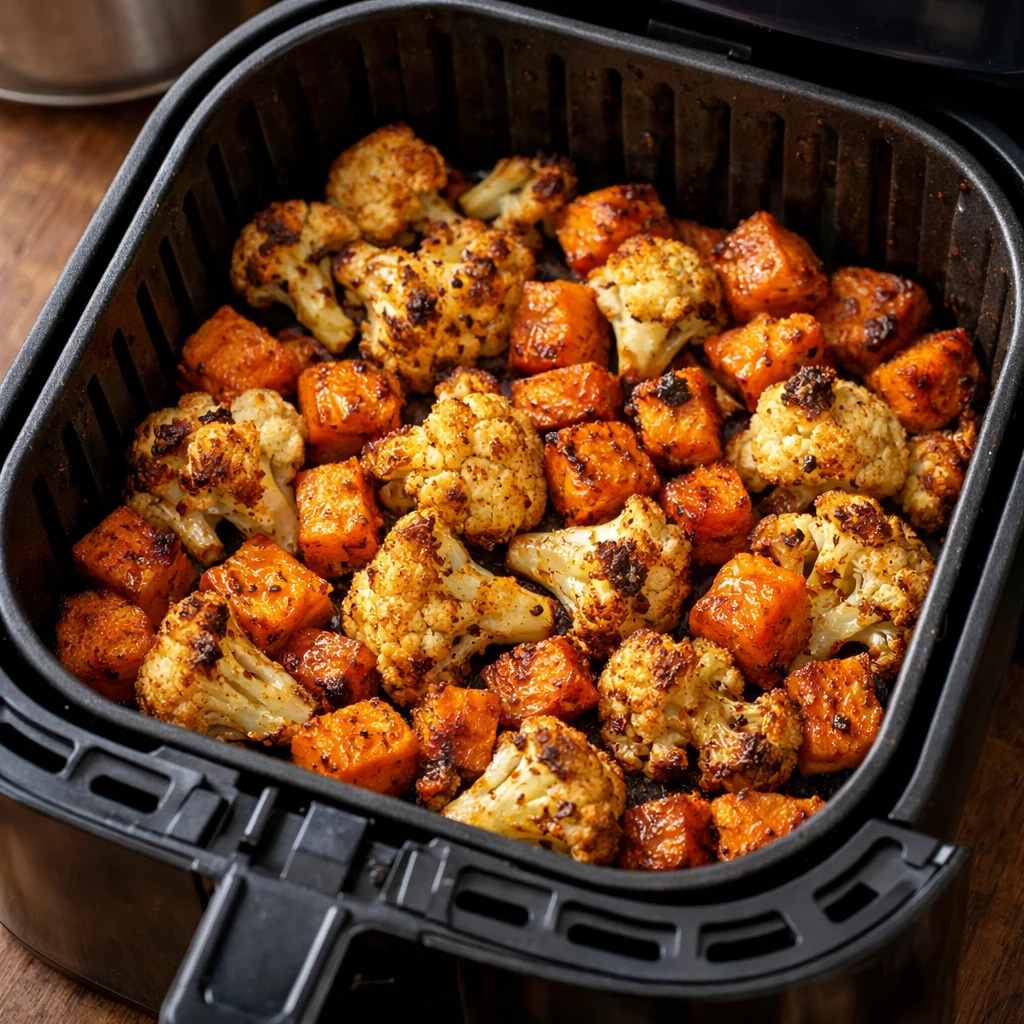 Air Fryer Roasted Cauliflower and Sweet Potato Soup cooking in the air fryer