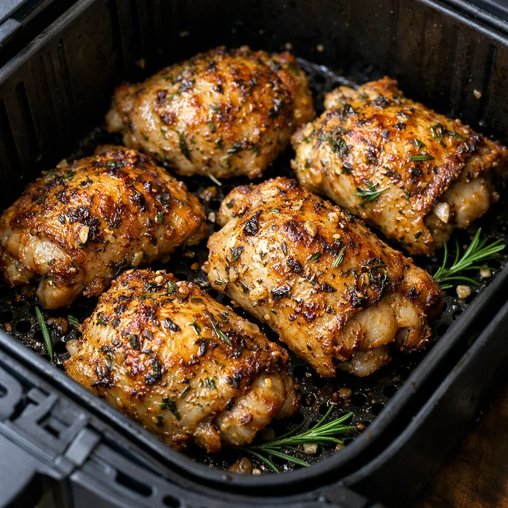 Air Fryer Freezer-Friendly Lemon Herb Chicken Thighs with Garlic and Rosemary cooking in the air fryer