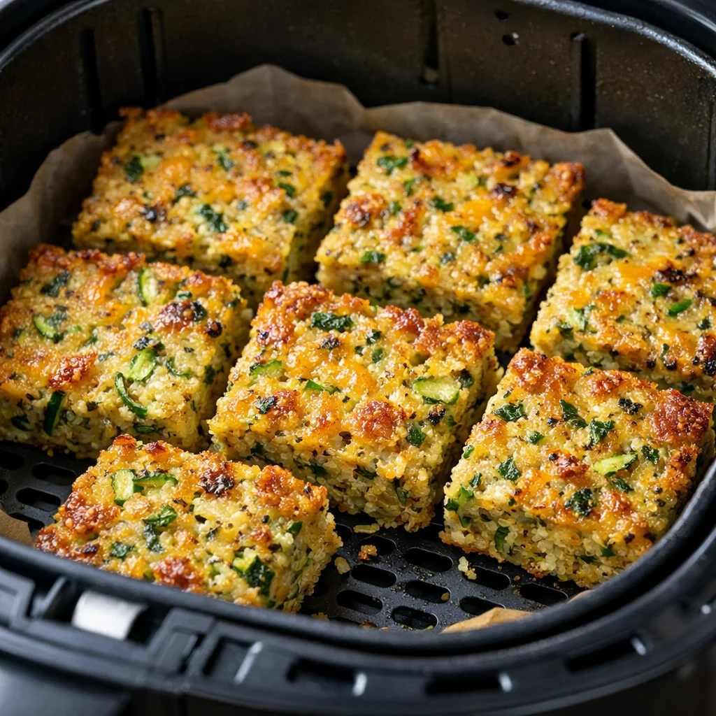 Air Fryer Savory Quinoa and Zucchini Breakfast Bars cooking in the air fryer