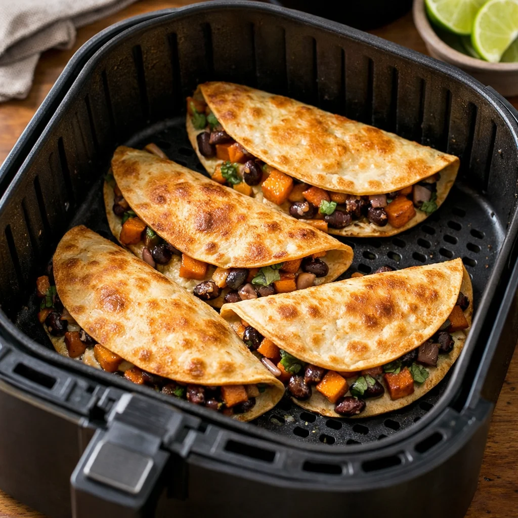 Air Fryer Sweet Potato and Black Bean Quesadillas cooking in the air fryer