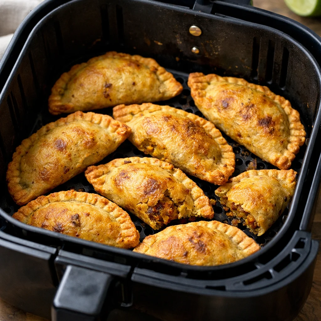 Air Fryer Spicy Jamaican Curried Lentil Patties cooking in the air fryer