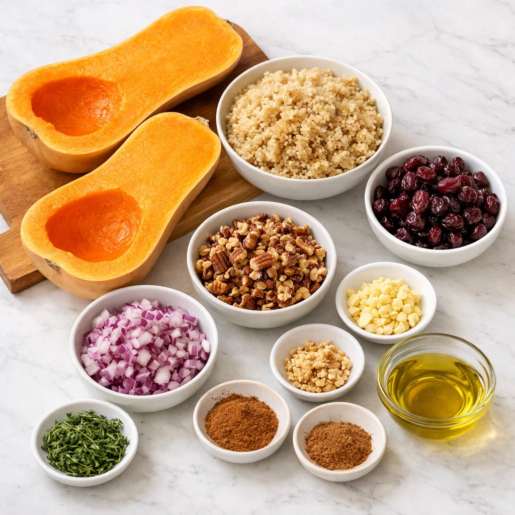Ingredients for Air Fryer Vegan Stuffed Butternut Squash Boats with Quinoa and Cranberries