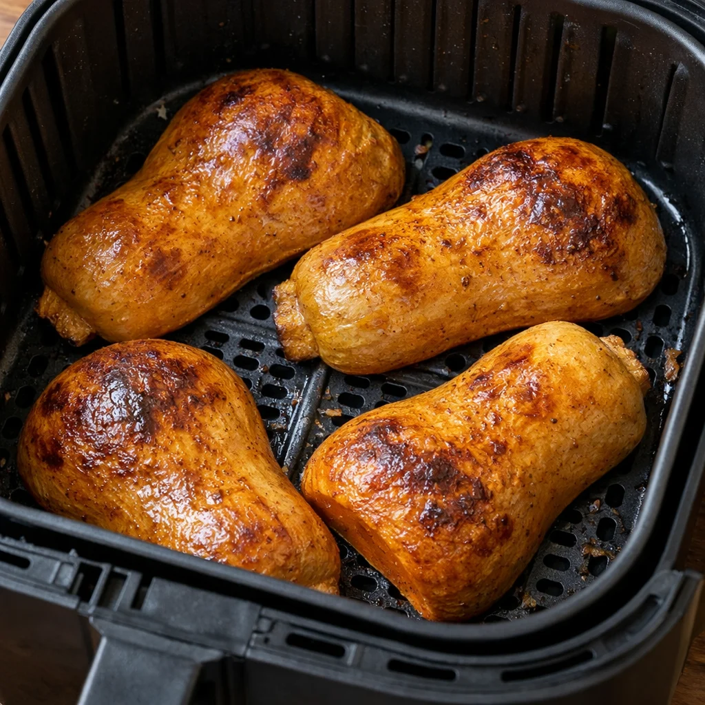 Air Fryer Vegan Stuffed Butternut Squash Boats with Quinoa and Cranberries cooking in the air fryer