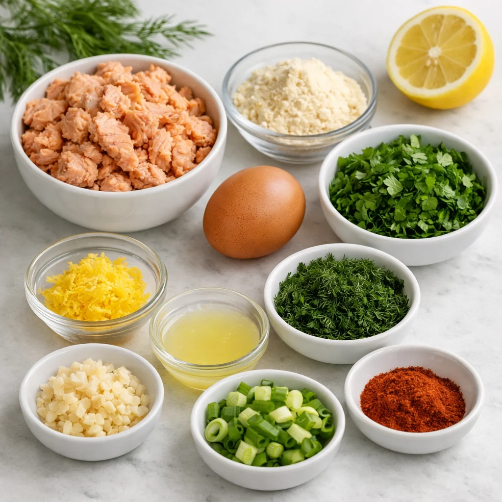 Ingredients for Air Fryer Low-Carb Lemon Herb Salmon Cakes with Avocado Aioli