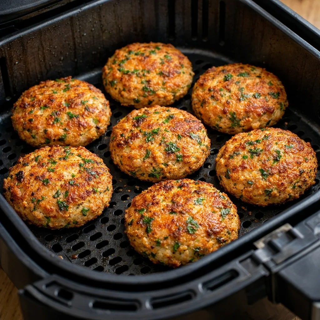 Air Fryer Low-Carb Lemon Herb Salmon Cakes with Avocado Aioli cooking in the air fryer