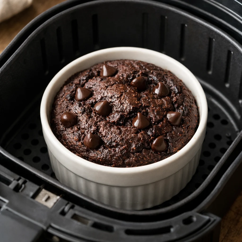 Air Fryer Keto Chocolate Avocado Mug Cake cooking in the air fryer