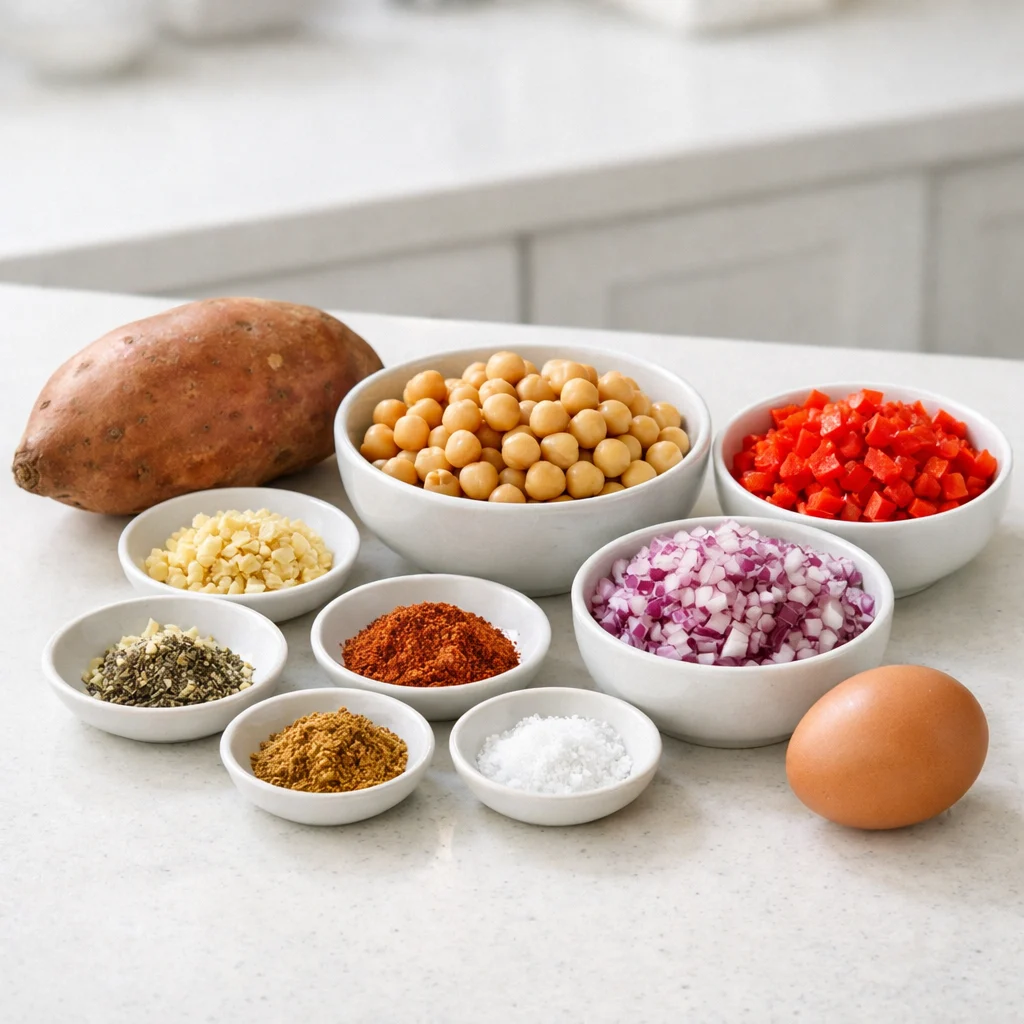 Ingredients for Air Fryer Sweet Potato and Chickpea Breakfast Hash Cups