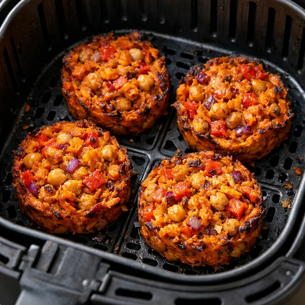 Air Fryer Sweet Potato and Chickpea Breakfast Hash Cups cooking in the air fryer
