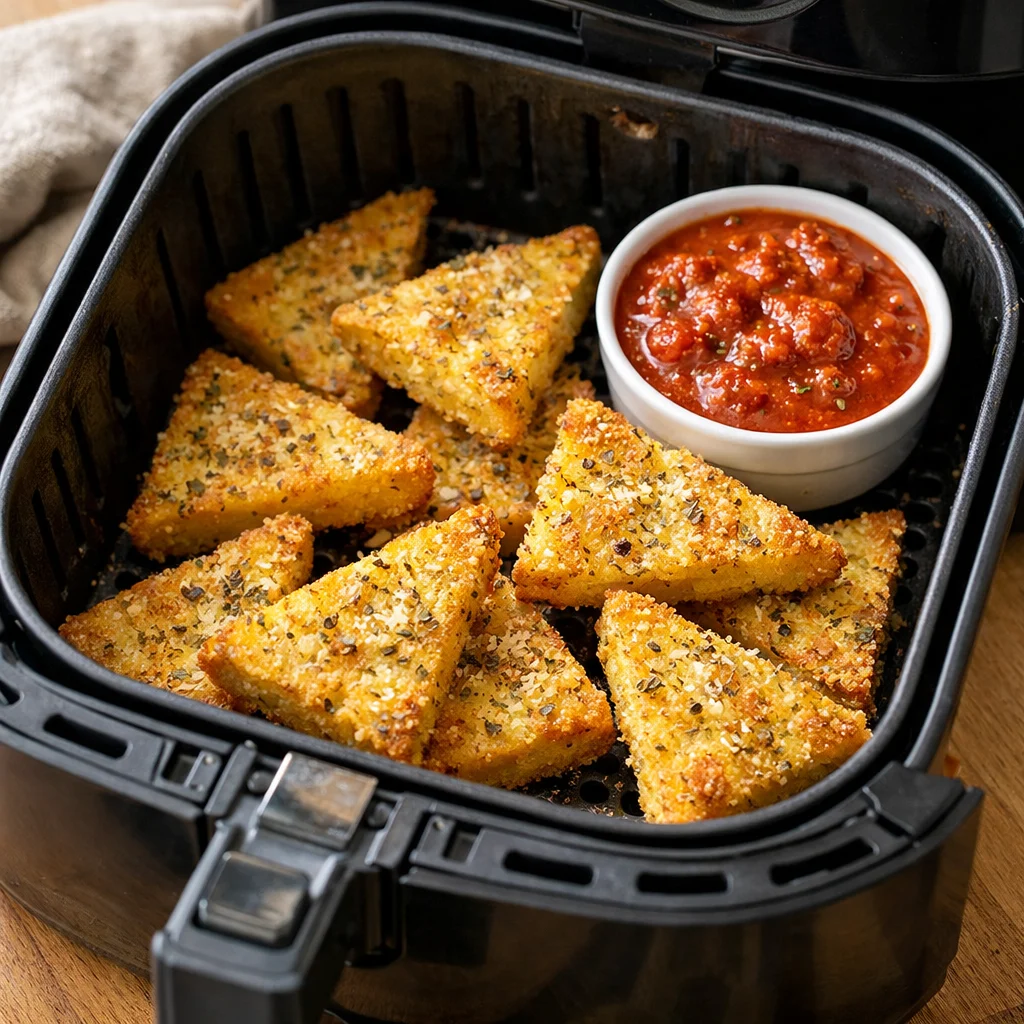 Air Fryer Italian-Style Parmesan Crispy Polenta Wedges with Marinara Dip cooking in the air fryer