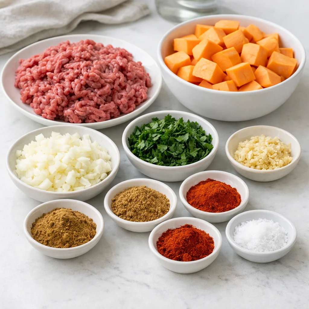Ingredients for Air Fryer Beef and Sweet Potato Meatball Skewers with Spicy Harissa Sauce
