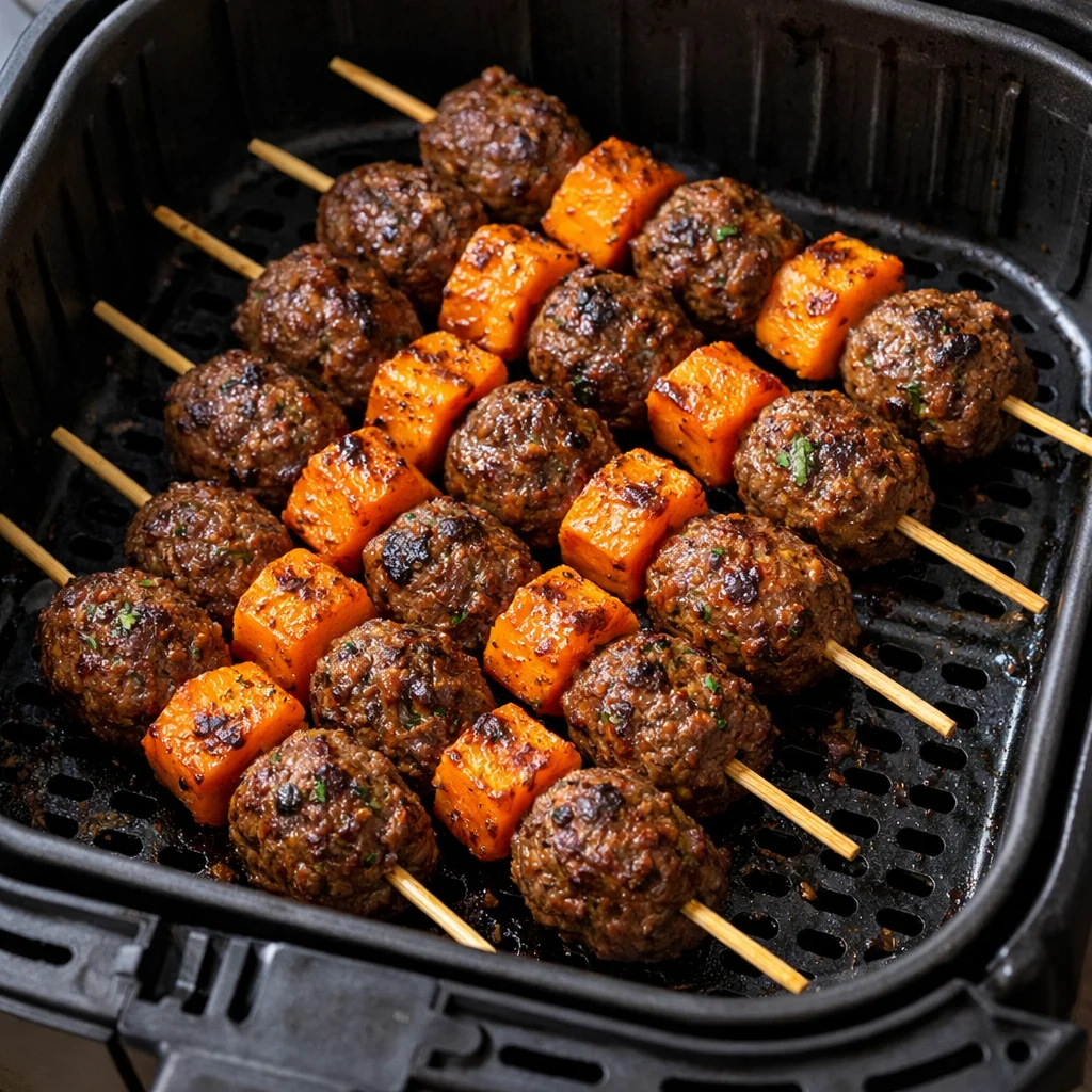 Air Fryer Beef and Sweet Potato Meatball Skewers with Spicy Harissa Sauce cooking in the air fryer