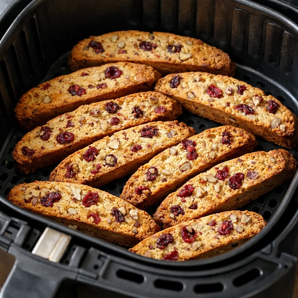 Air Fryer Holiday Spiced Cranberry and Pecan Biscotti cooking in the air fryer