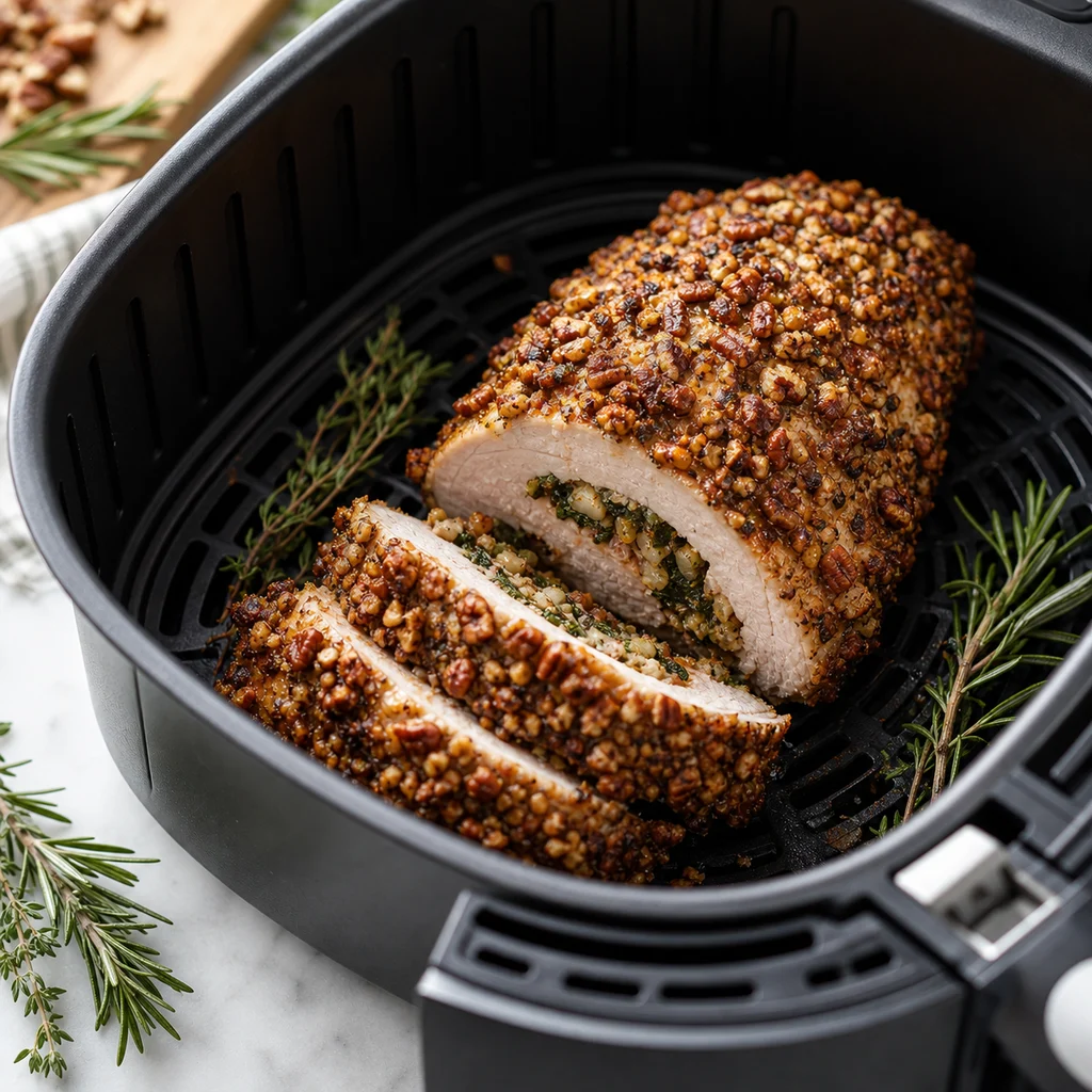 Air Fryer Crispy Pecan-Crusted Stuffed Pork Tenderloin cooking in the air fryer