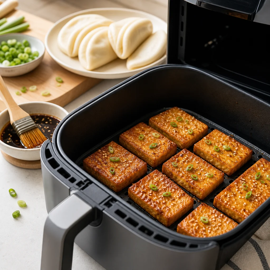 Air Fryer Asian-Inspired Crispy Tofu Bao Buns tofu cooking in the air fryer