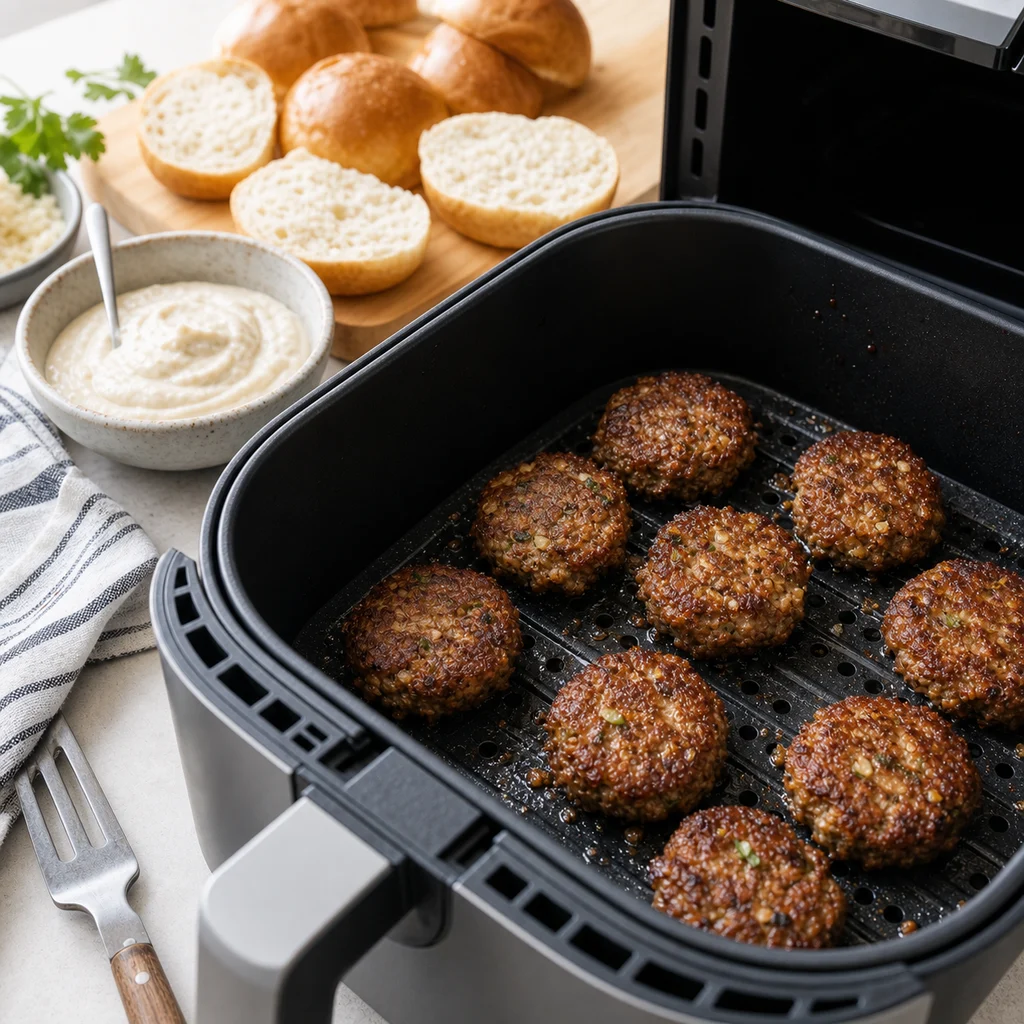 Air Fryer Beef and Cauliflower Patty Sliders cooking in the air fryer