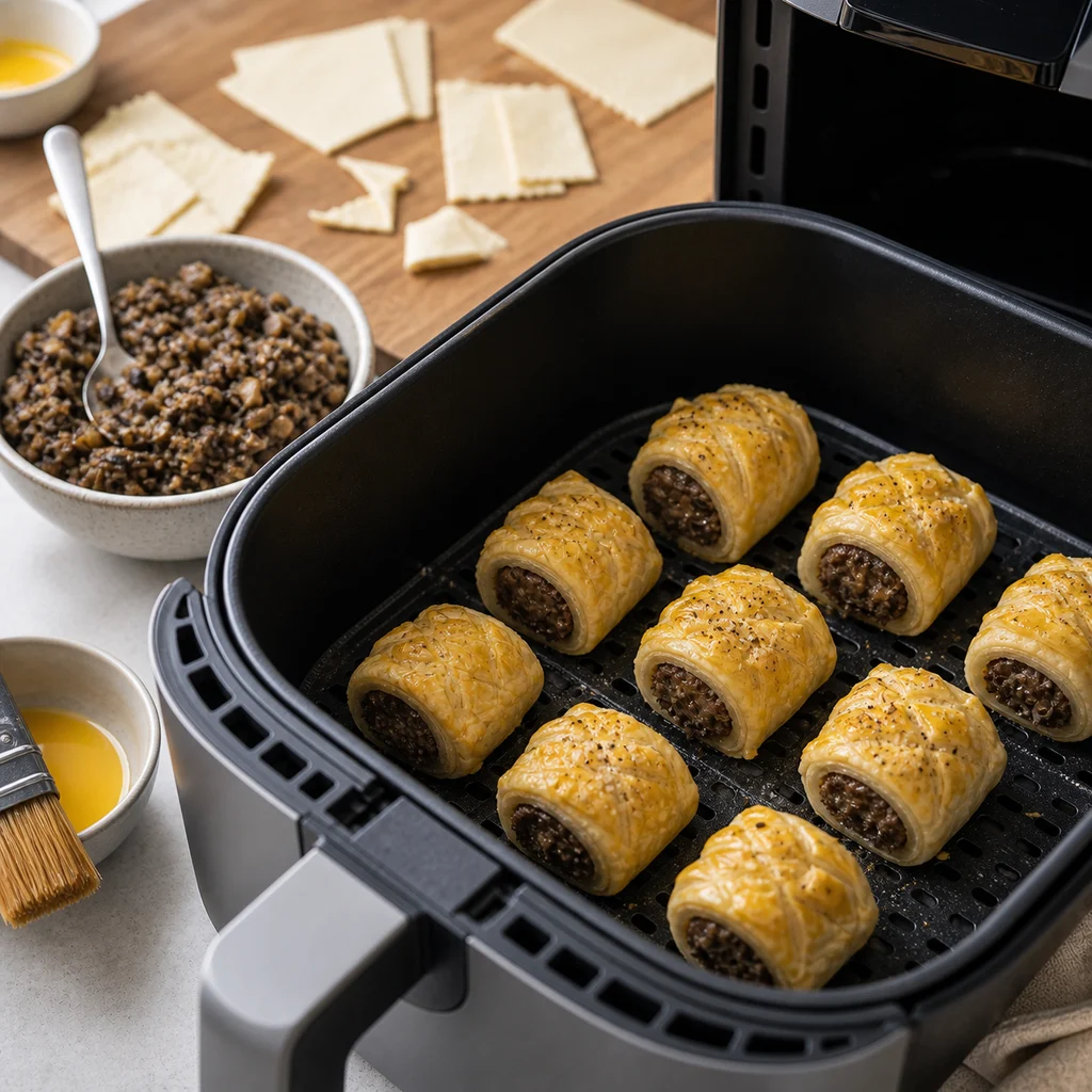 Air Fryer Beef Wellington Bites cooking in the air fryer