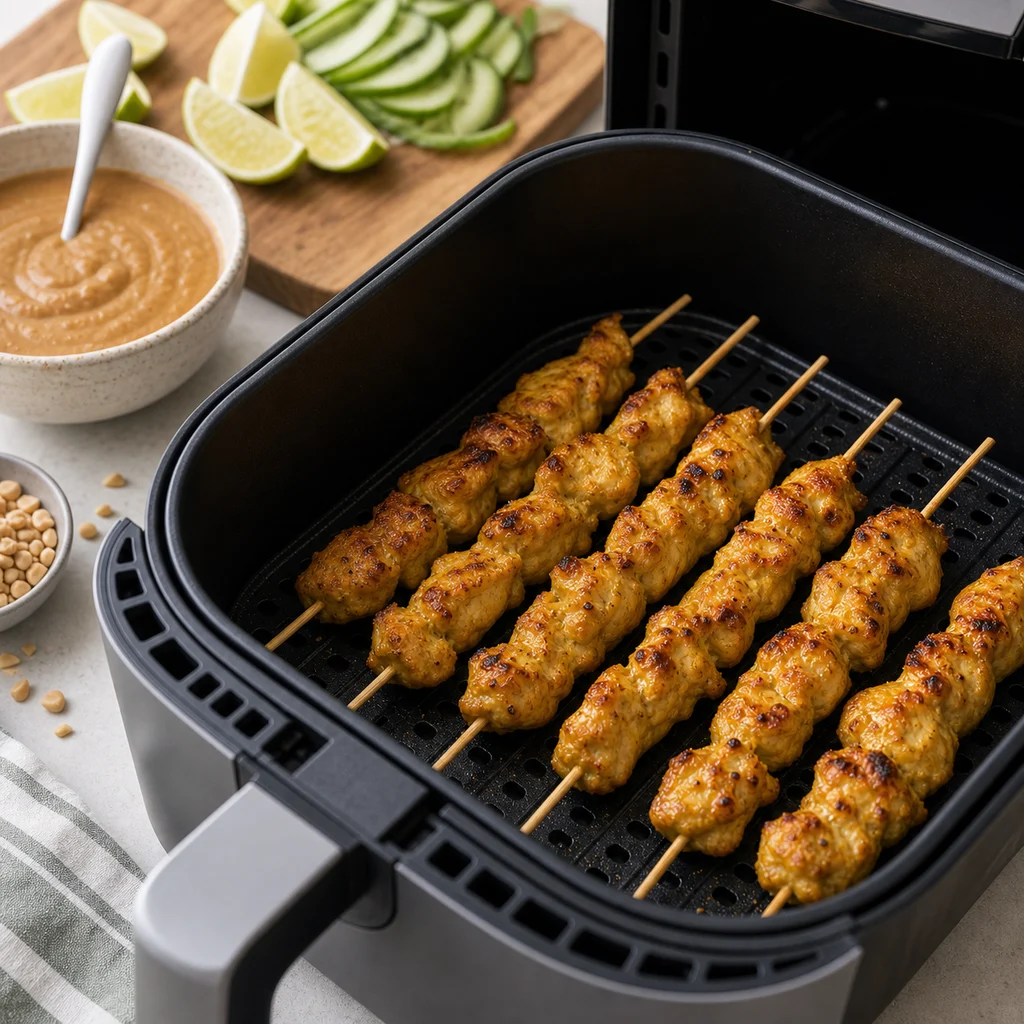 Air Fryer Chicken Satay Skewers with Peanut Dipping Sauce cooking in the air fryer