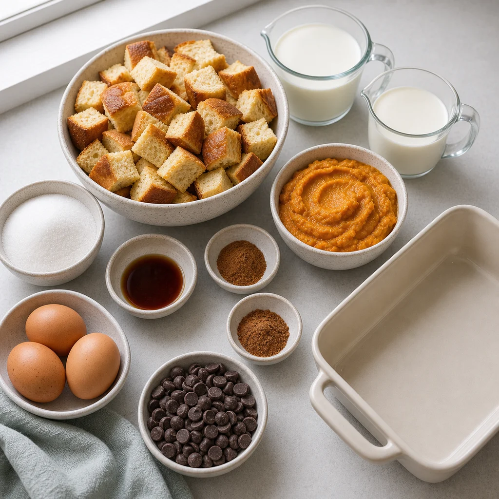 Ingredients for Air Fryer Chocolate Chip Pumpkin Bread Pudding