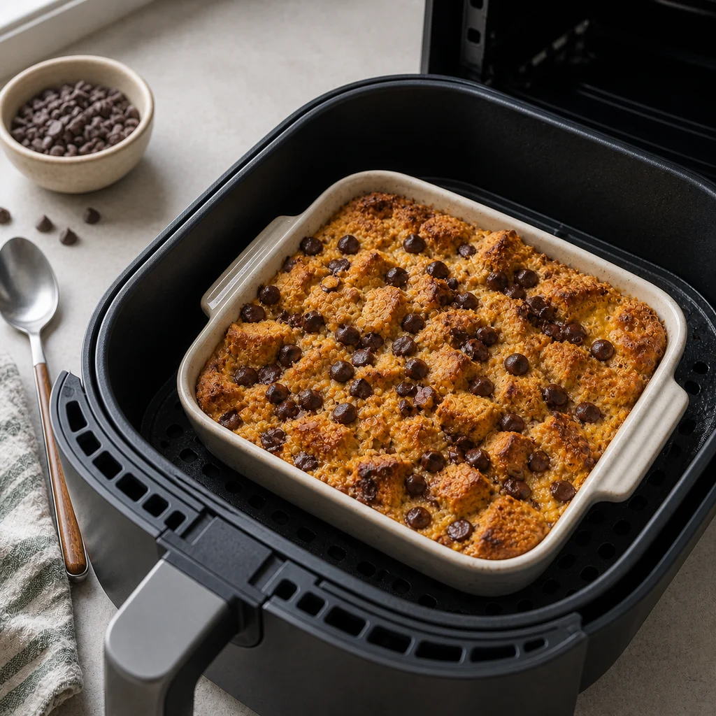 Air Fryer Chocolate Chip Pumpkin Bread Pudding cooking in the air fryer