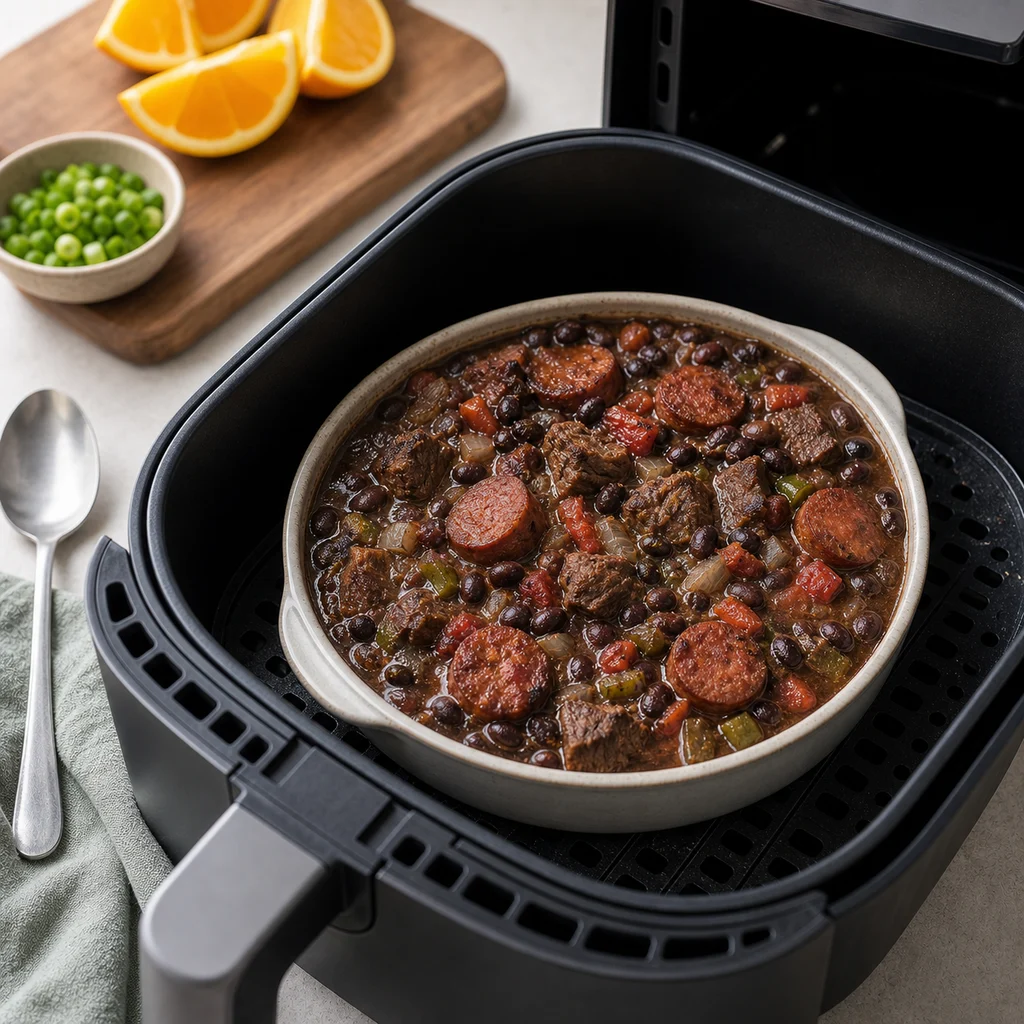 Air Fryer Classic Brazilian Feijoada Meat Stew cooking in the air fryer