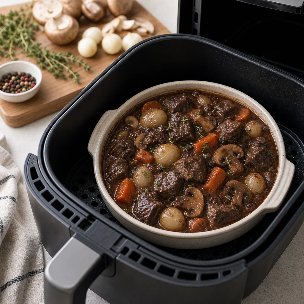 Air Fryer Classic French Beef Bourguignon cooking in the air fryer