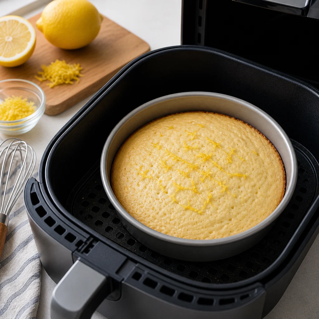 Air Fryer Classic Italian Lemon Olive Oil Cake cooking in the air fryer