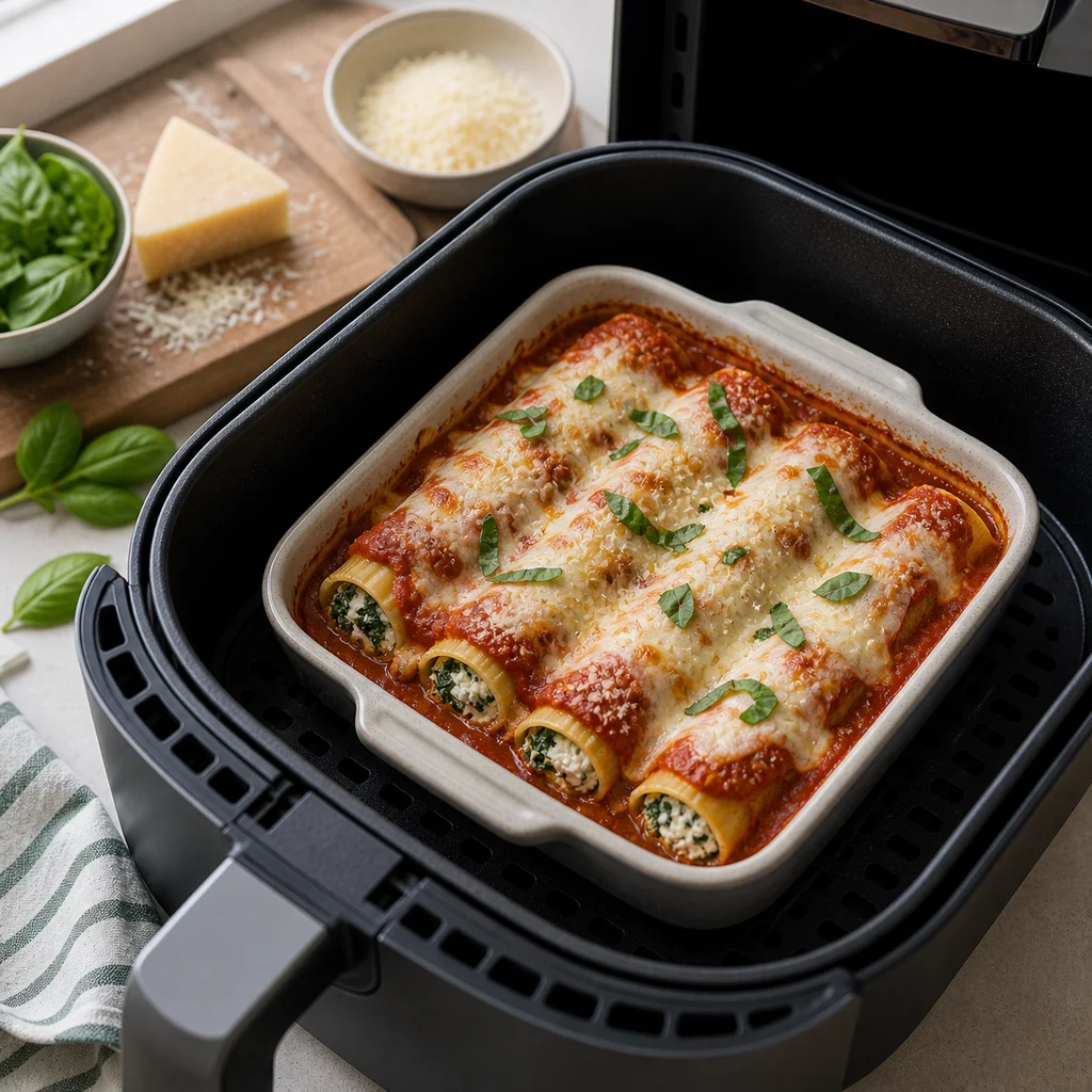 Air Fryer Classic Italian Ricotta and Spinach Stuffed Cannelloni cooking in the air fryer