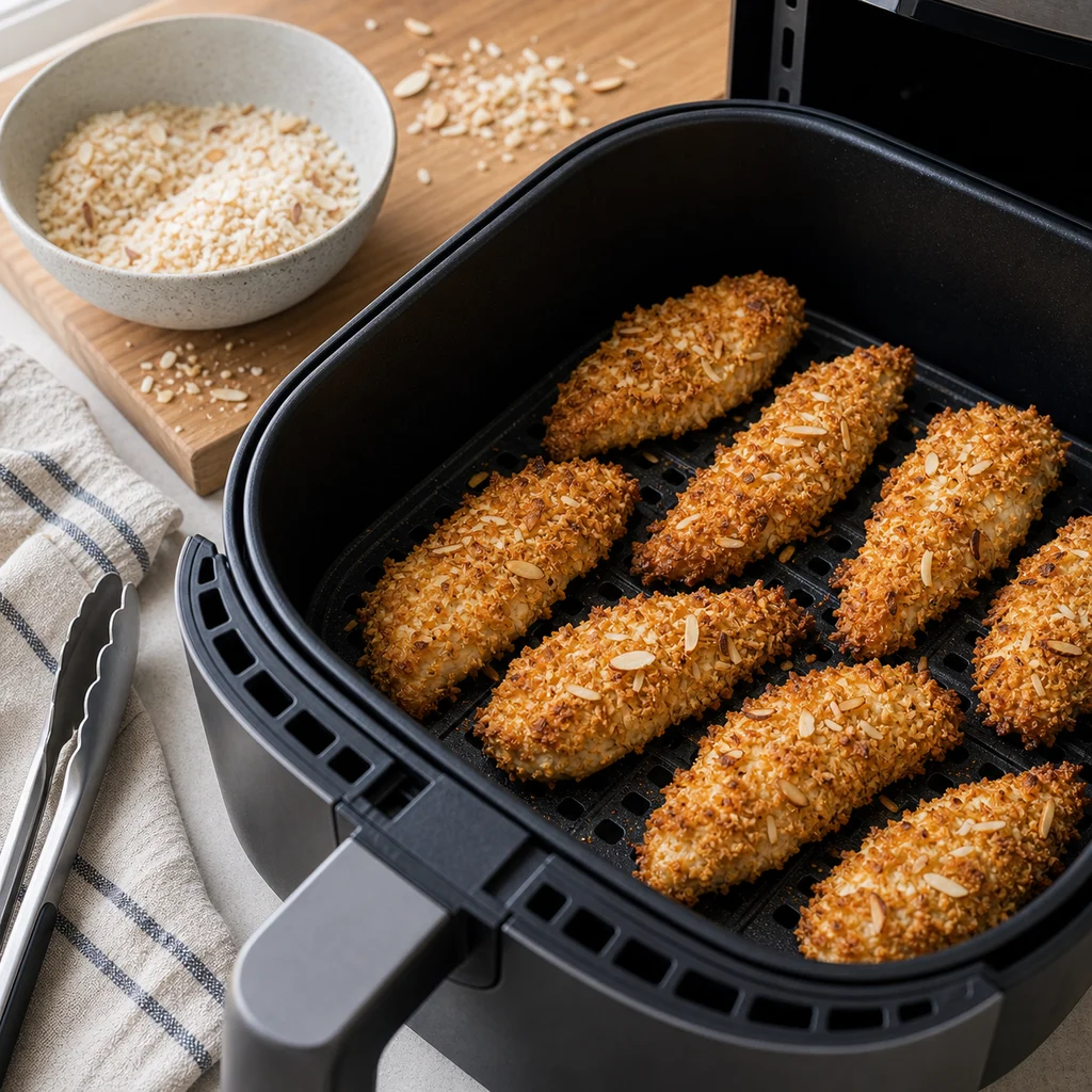 Air Fryer Crispy Coconut and Almond Flour Chicken Tenders cooking in the air fryer