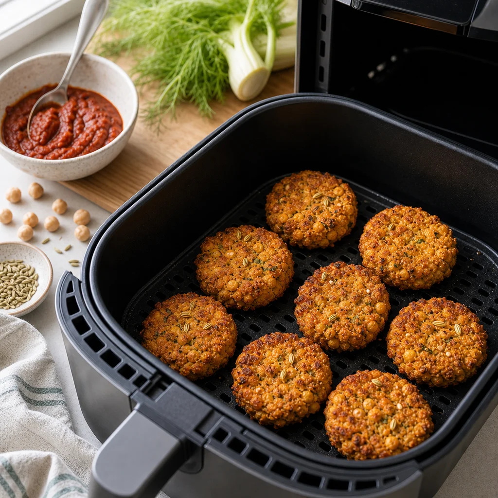 Air Fryer Crispy Harissa-Spiced Chickpea and Fennel Biscuits cooking in the air fryer