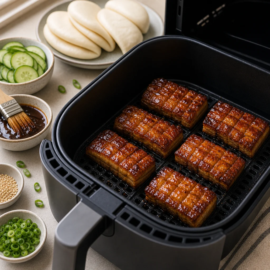 Air Fryer Crispy Hoisin-Glazed Pork Belly Bao Buns cooking in the air fryer