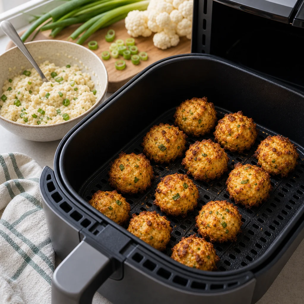 Air Fryer Crispy Keto Cauliflower Hush Puppies cooking in the air fryer