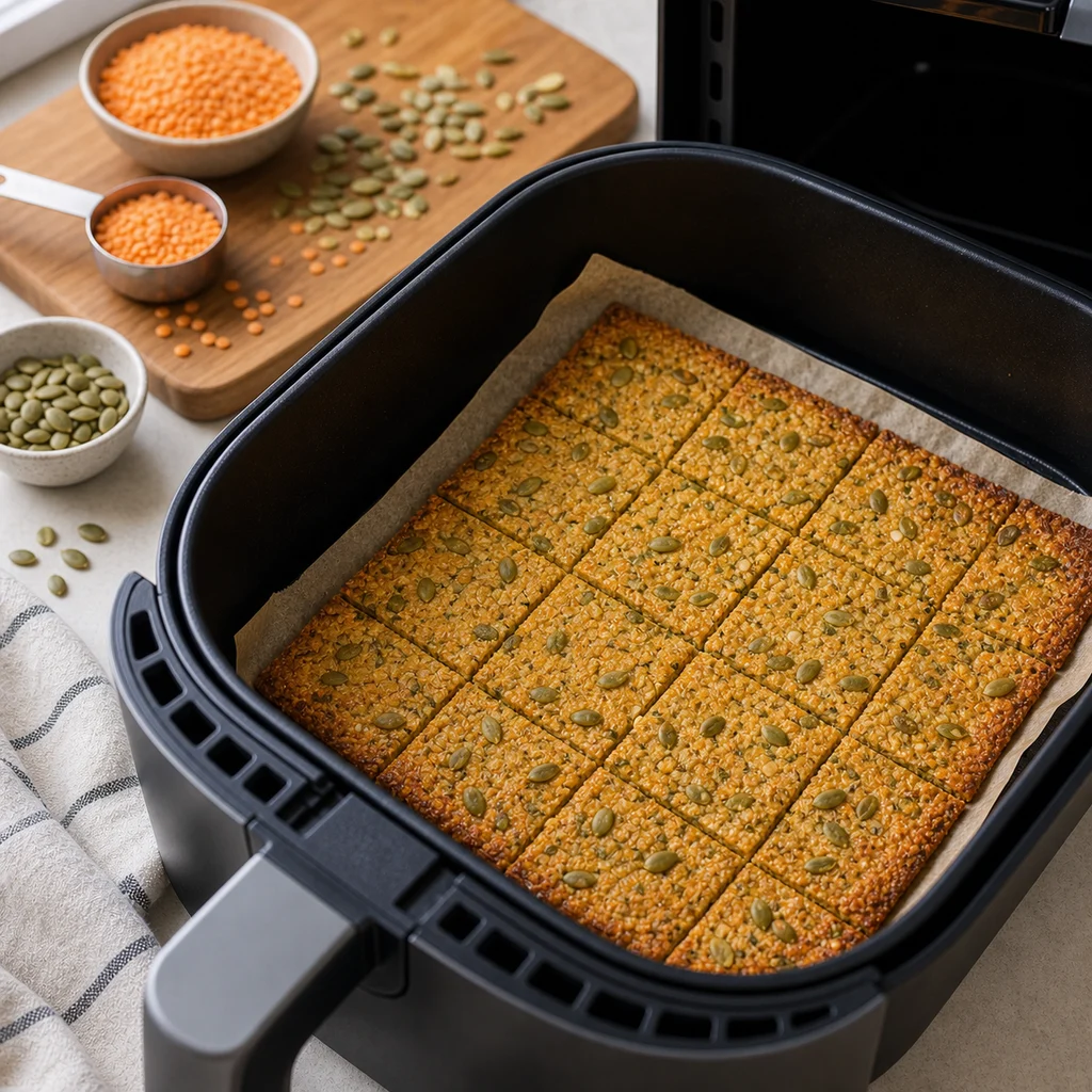 Air Fryer Crispy Lentil and Pumpkin Seed Crackers cooking in the air fryer