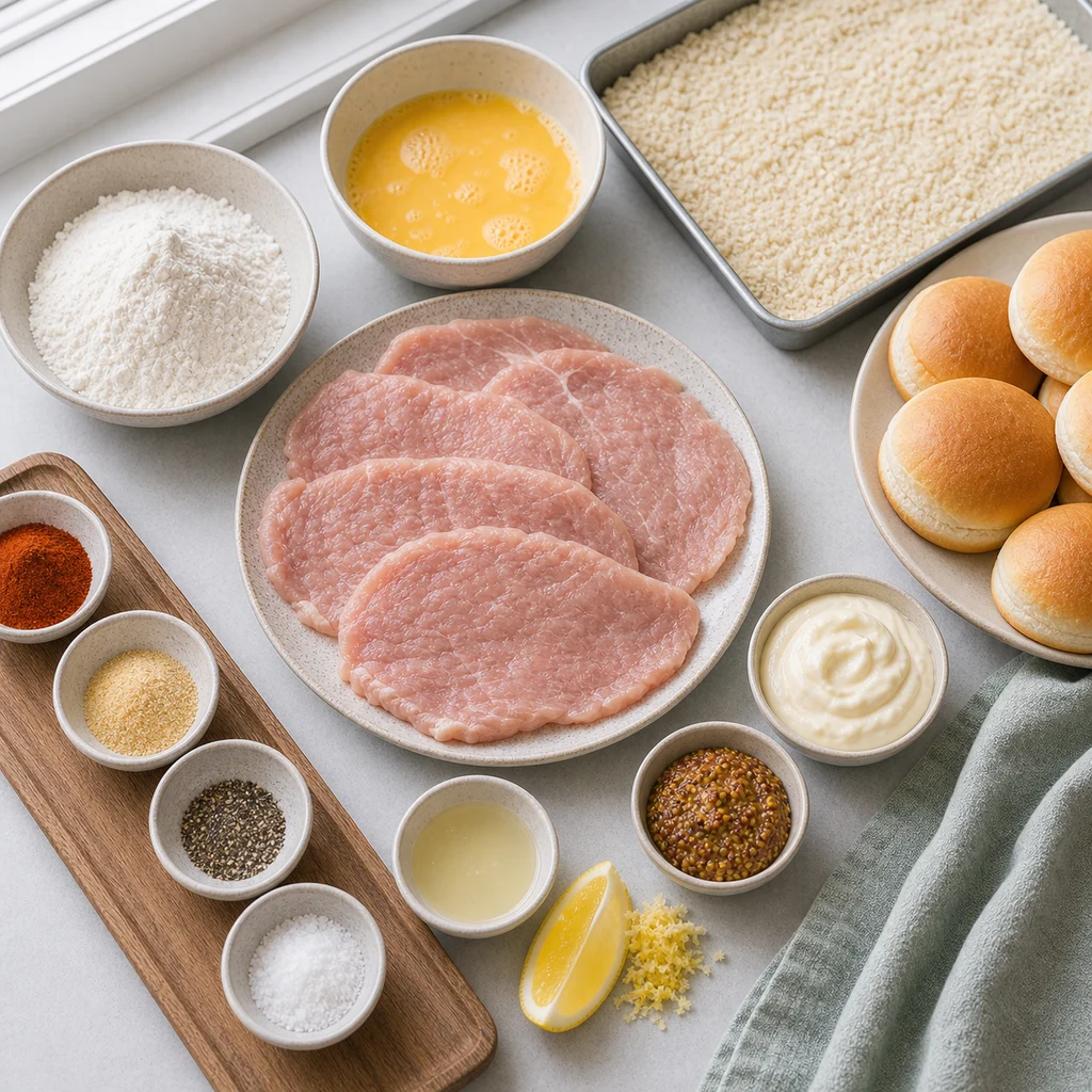 Ingredients for Air Fryer Crispy Pork Schnitzel Sliders with Spicy Mustard Aioli