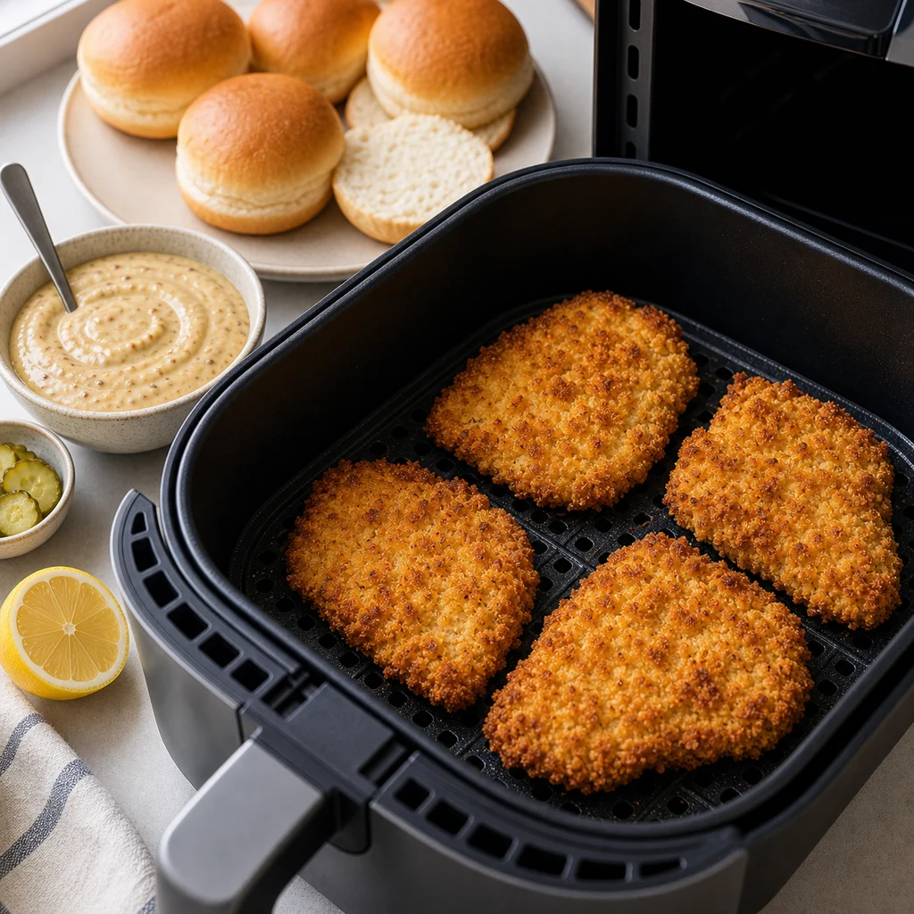Air Fryer Crispy Pork Schnitzel Sliders with Spicy Mustard Aioli cooking in the air fryer