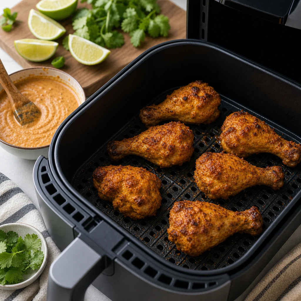 Air Fryer Crispy Thai-Style Coconut Curry Chicken Drumsticks cooking in the air fryer