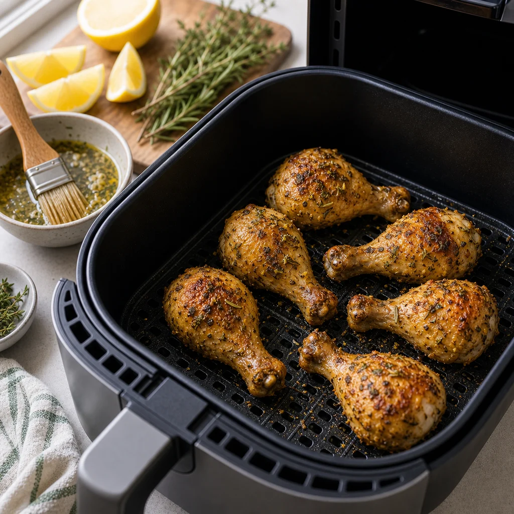 Air Fryer Dairy-Free Gluten-Free Lemon Herb Roasted Chicken Legs cooking in the air fryer