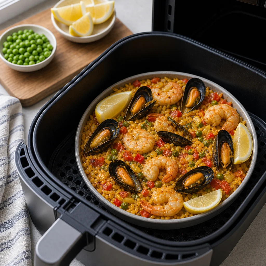 Air Fryer Freezer-Friendly Mediterranean Seafood Paella cooking in the air fryer