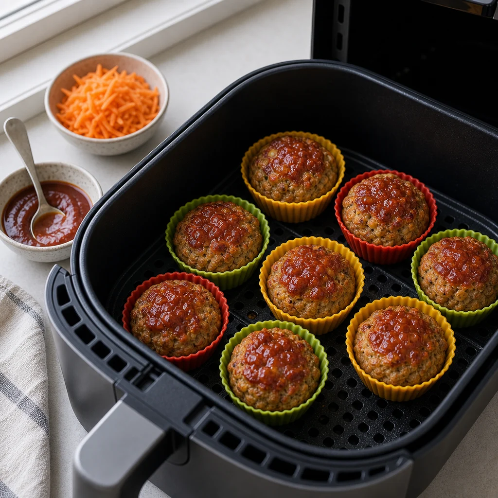 Air Fryer Freezer-Friendly Paleo Chicken Meatloaf Muffins cooking in the air fryer
