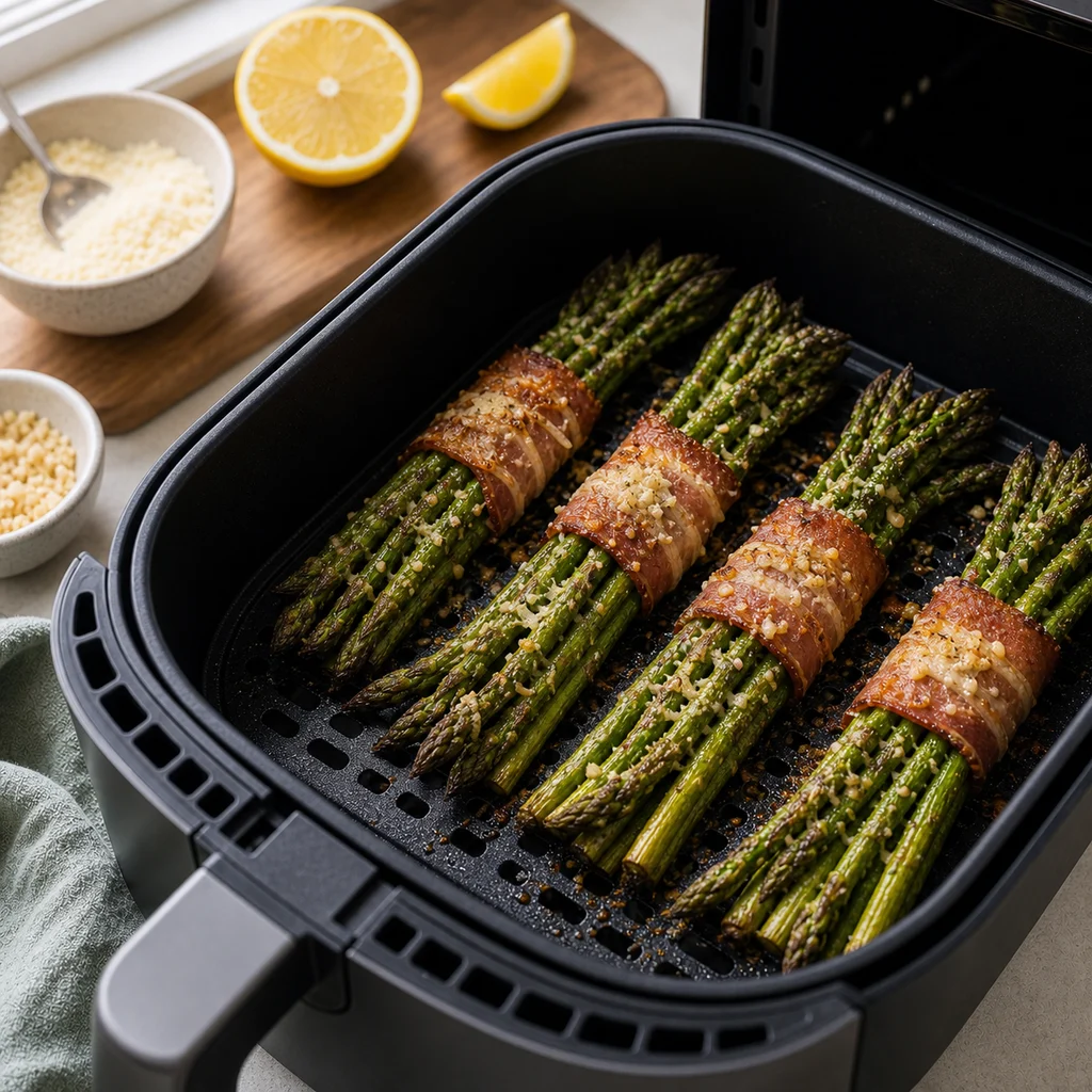 Air Fryer Garlic Parmesan Roasted Asparagus Bundles cooking in the air fryer