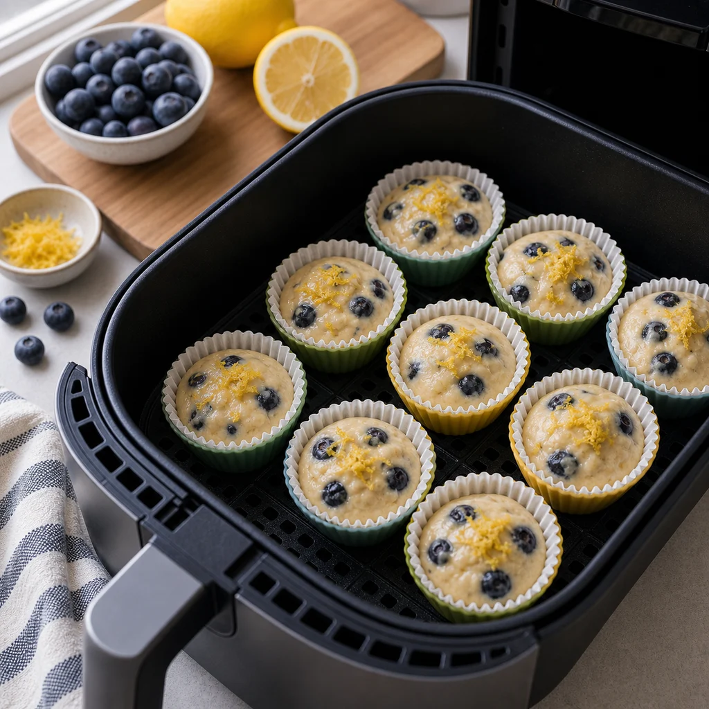 Air Fryer Gluten-Free Blueberry Muffins with Lemon Zest cooking in the air fryer