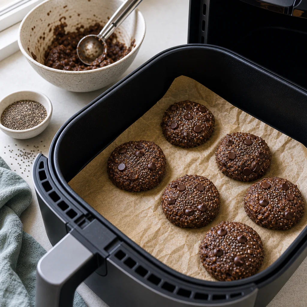Air Fryer Gluten-Free Chocolate Chia Seed Cookies cooking in the air fryer