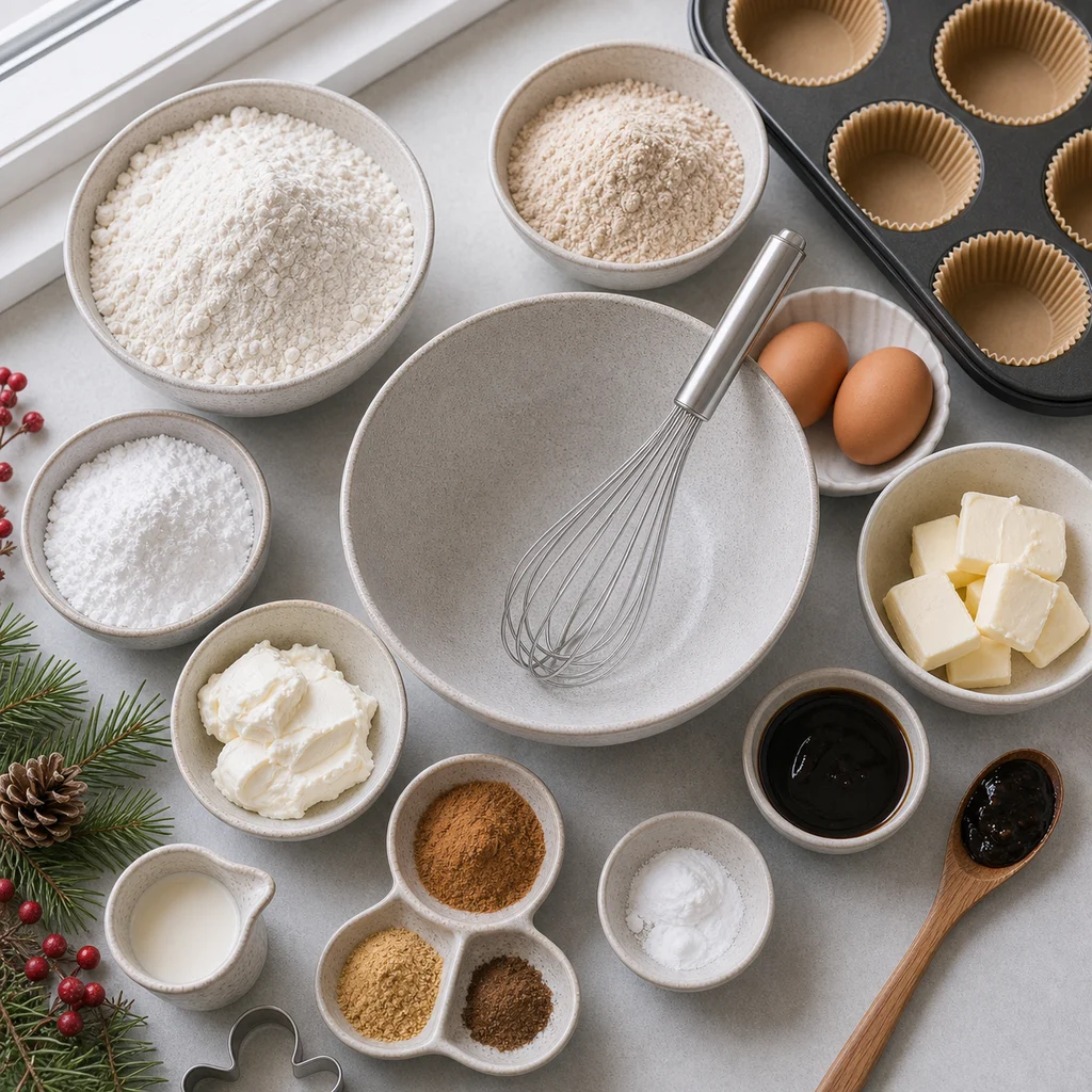 Ingredients for Air Fryer Holiday Gingerbread Cupcakes with Cinnamon Cream Cheese Frosting