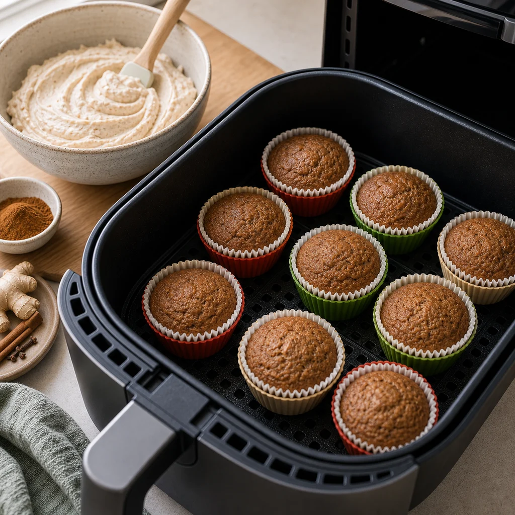 Air Fryer Holiday Gingerbread Cupcakes with Cinnamon Cream Cheese Frosting cooking in the air fryer