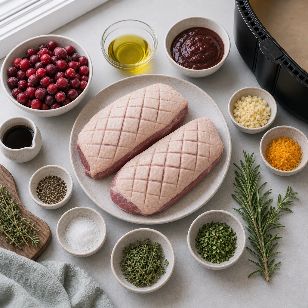 Ingredients for Air Fryer Holiday Herb and Garlic Roasted Duck Breast with Cranberry Glaze