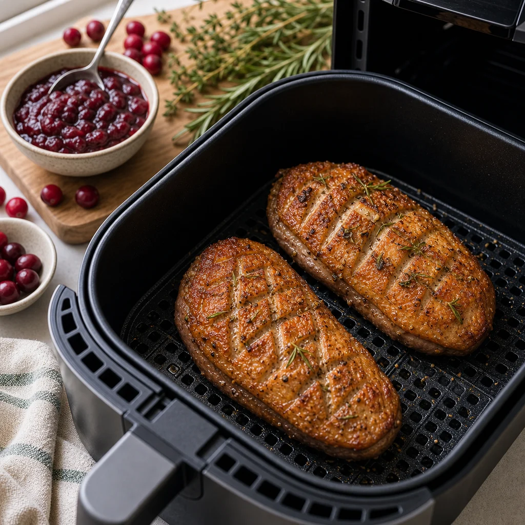 Air Fryer Holiday Herb and Garlic Roasted Duck Breast with Cranberry Glaze cooking in the air fryer