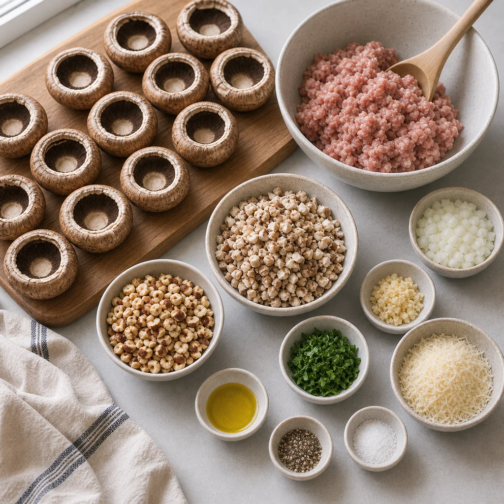 Ingredients for Air Fryer Holiday Savory Stuffed Mushrooms with Sausage and Hazelnuts