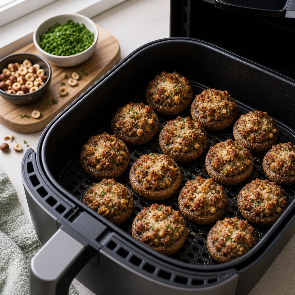 Air Fryer Holiday Savory Stuffed Mushrooms with Sausage and Hazelnuts cooking in the air fryer
