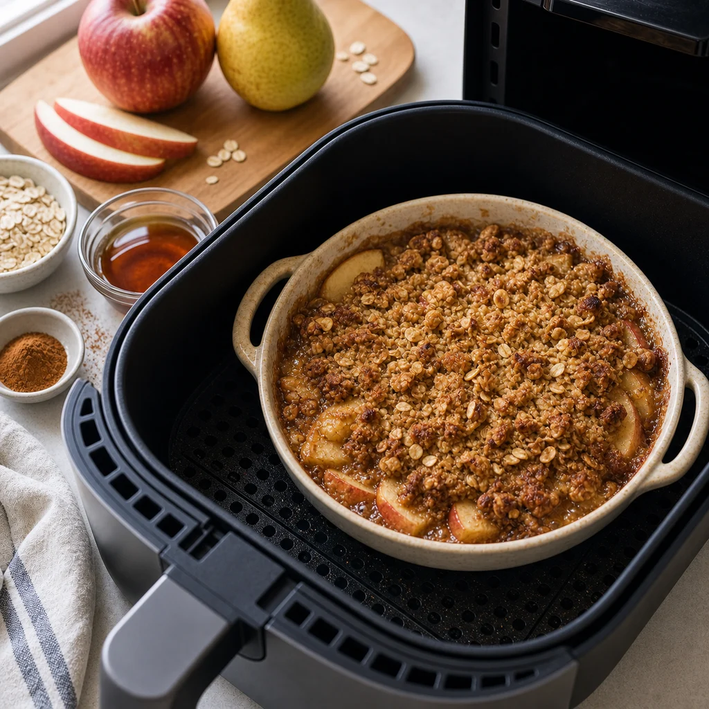 Air Fryer Holiday Spiced Apple and Pear Crisp with Oat Topping cooking in the air fryer